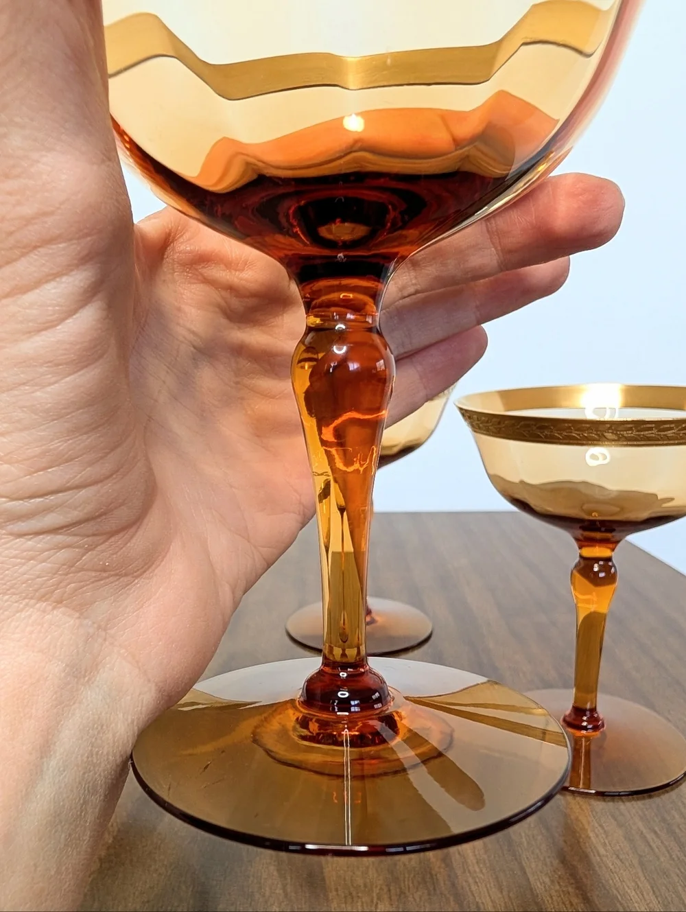 Vintage Amber Glass Gold Rim With Laurel Leaf Pattern Champagne Glasses Set Of 4
